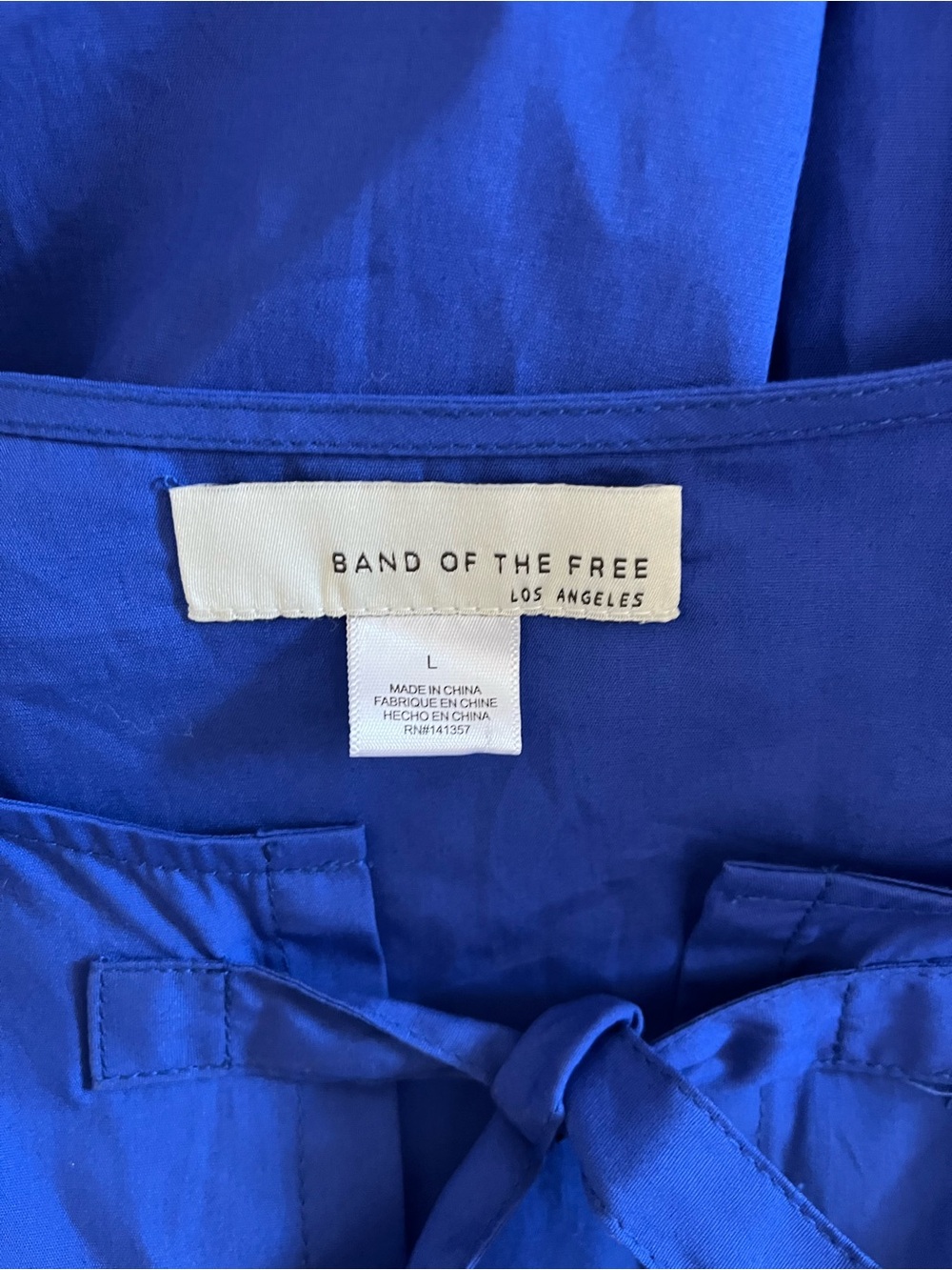 Band of the Free Blue Tie-Front Babydoll Puff Sleeve Dress w/Pockets Sz L EUC - Picture 5 of 6